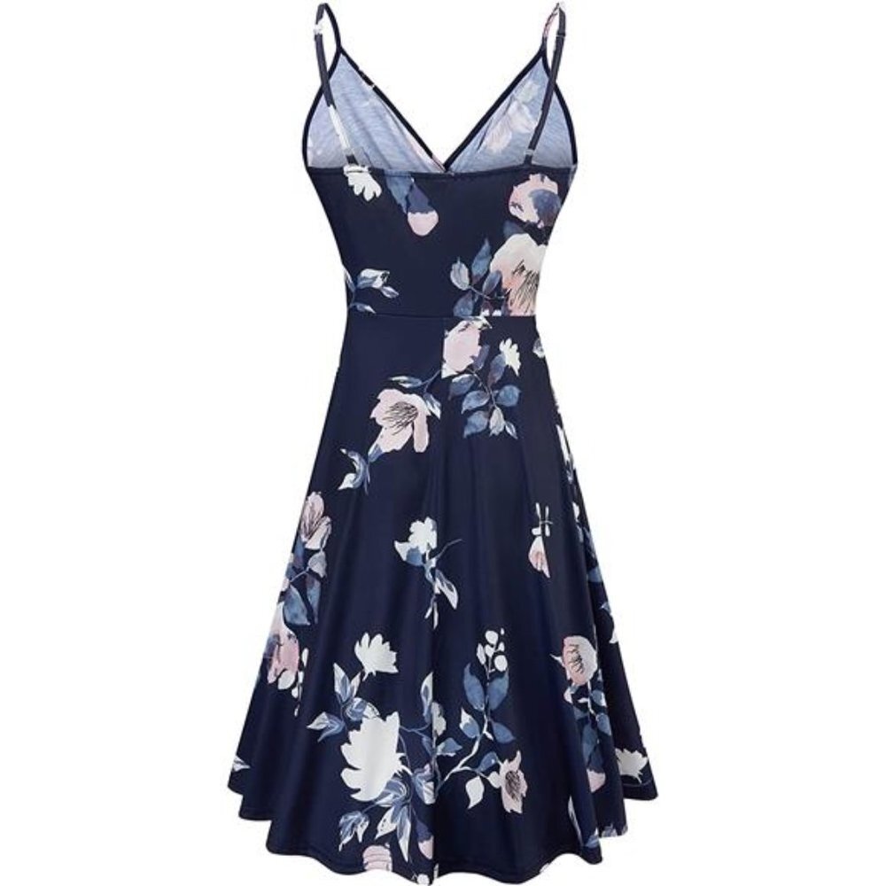 V-Neck Floral Spaghetti Strap Summer Casual Dress Sleeveless Midi Sundress - Picture 5 of 6
